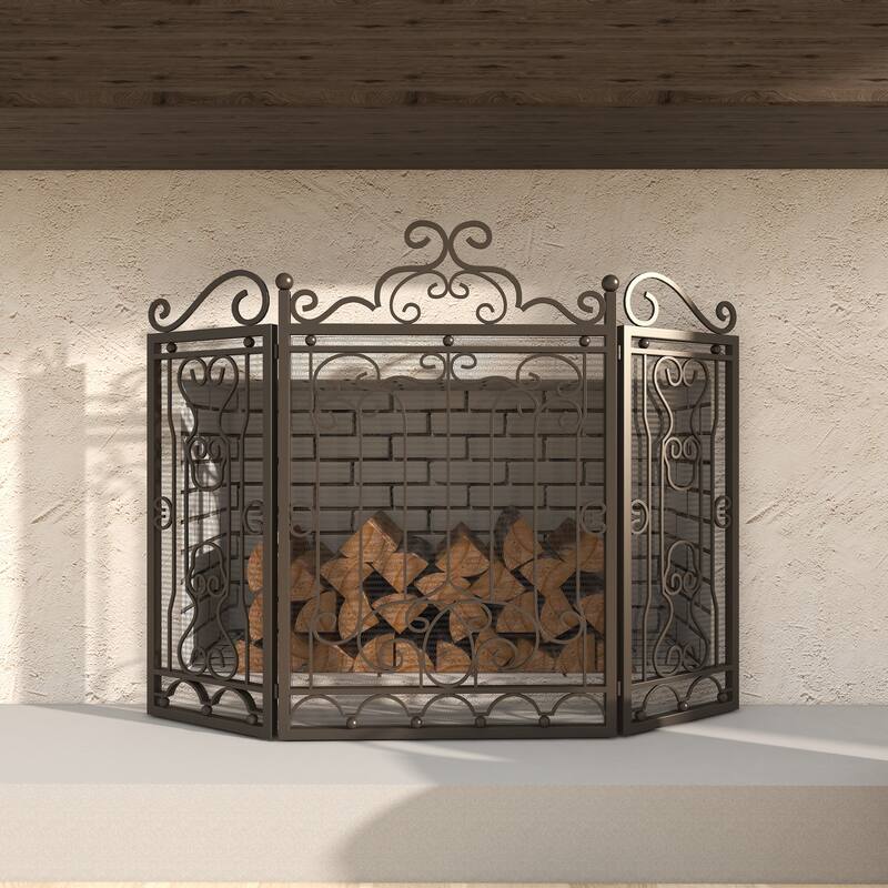 Metal Scroll Foldable Mesh Netting 3 Panel Fireplace Screen - Dark Brown - Roche River Decor