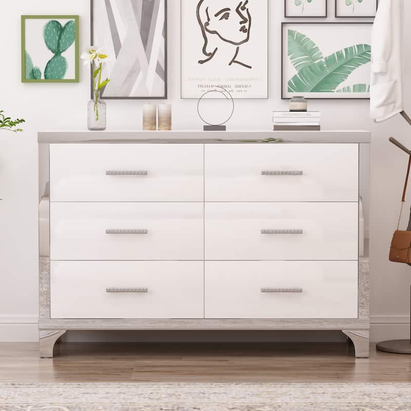 Dresser for Bedroom, 47" High Gloss Dresser with 6 Drawers, Mirrored Storage Chest of Drawers with Metal Handle - White - 6-drawer