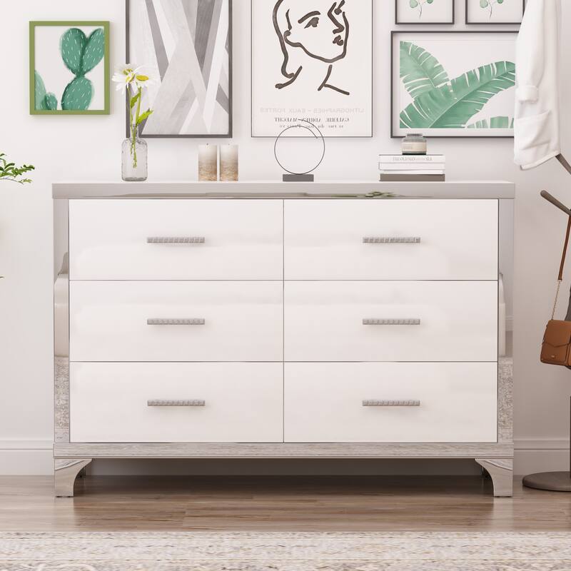 Elegant High Gloss Dresser with Metal Handle,Mirrored Storage Cabinet with 6 Drawers for Bedroom