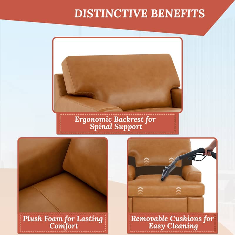 Genuine Leather Accent Chair - Luxurious Comfort Goose Feather Cushion Filling Square Arm Design Sturdy Block Legs