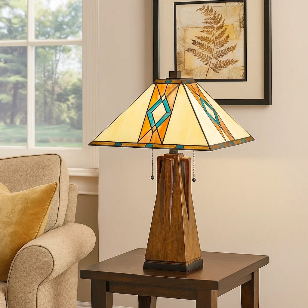Table Lamp with Tiffany Shade and Geometric Design, Multicolor