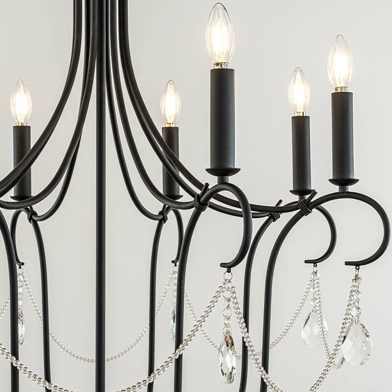 32'' 8-Light Modern Black Mid-Century Modern Candelabra Crystal Chandelier Vintage Candle Pendant Light For Living Room - W32''