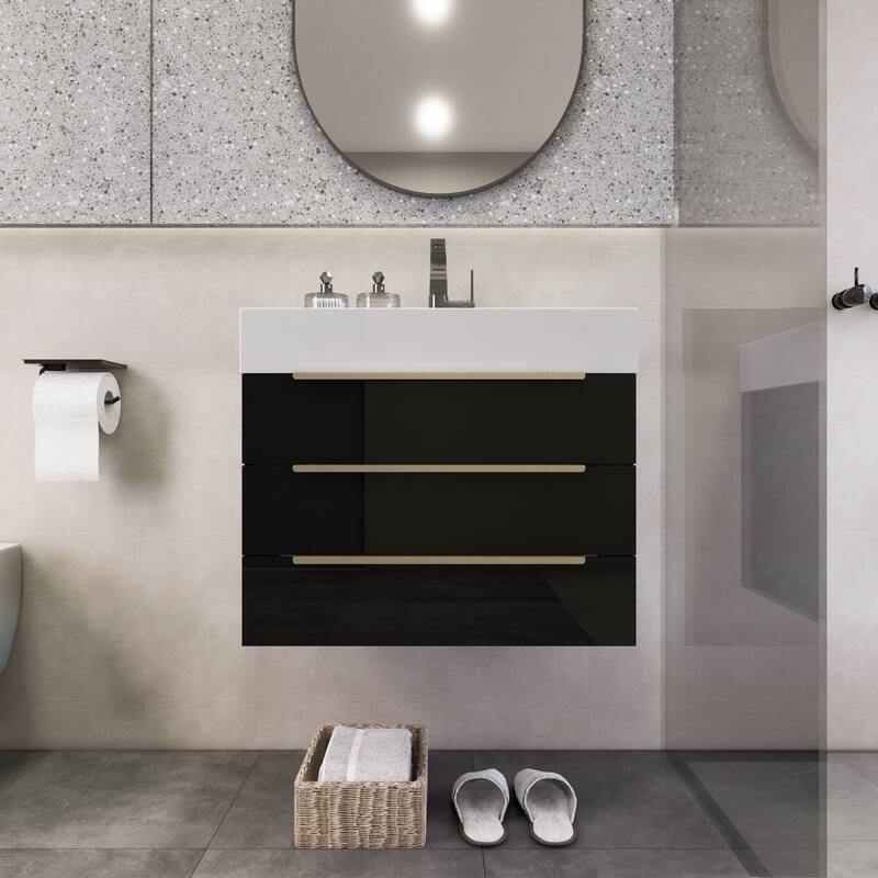 Noble 24" Wall Mounting Vanity with Reinforced Acrylic Sink - 24" Width - Glossy - High Gloss Black
