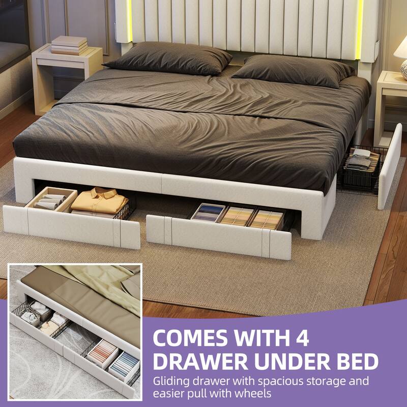 Velvet Upholstered Platform Bed Frame with Adjustable Headboard and 4 Storage Drawers & RGB LED Lights