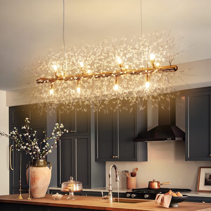 9/12-Light Linear Sputnik Crystal Beaded Pendant Light Firework Starburst Crystal Chandelier for Dining Room