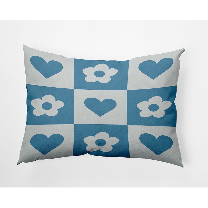 Heart And Flowers Grid Valentines Day Decorative Throw Pillow - 14" x 20" - Chambray
