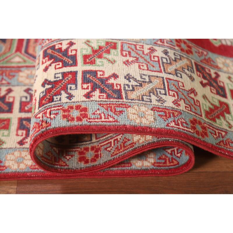 Hand Knotted Oriental 100% Wool Carpet Traditional Geometric Red Kazak Area Rug - 9' 7'' X 6' 4''