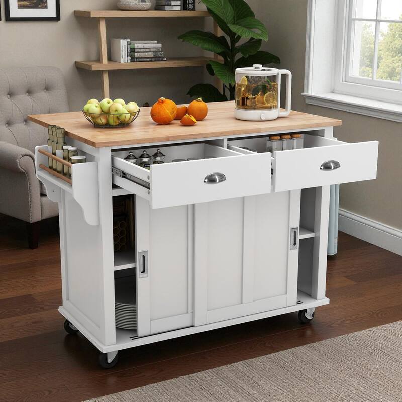 52" Kitchen Island Cart with Rubber Wood Drop Leaf, Hidden Sliding Barn Door, Storage Cabinet & Drawers on Wheels