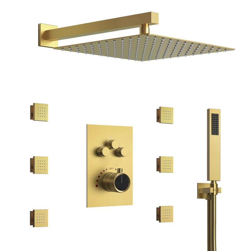 Thermostatic Shower System 12" Rain Shower Head with High Pressure Handheld Spray - Brushed Gold