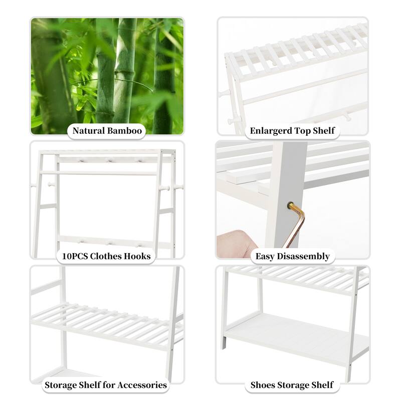 Bamboo Garment Rack 3 Tier Storage Shelves with Hanging Hooks