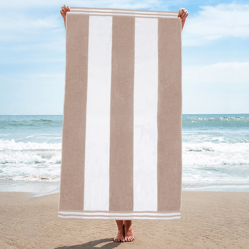 Cabana Stripe Oversized Cotton Beach Towel by Superior - Taupe