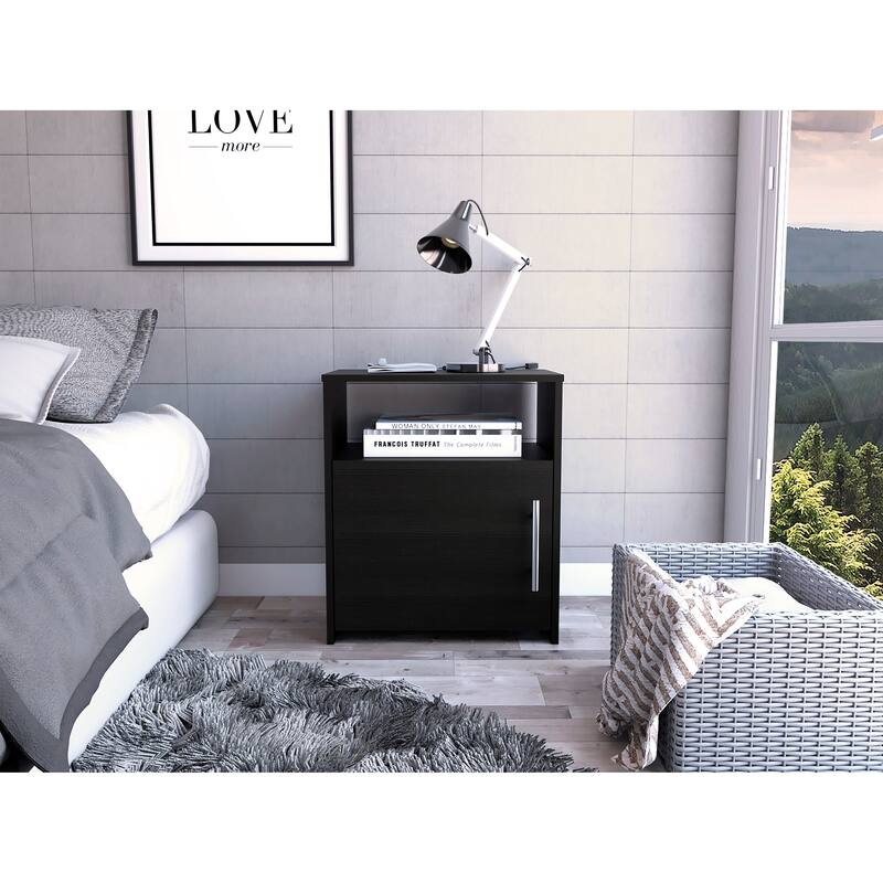FM Furniture Bristol Nightstand with Cabinet and Open Shelf - Black
