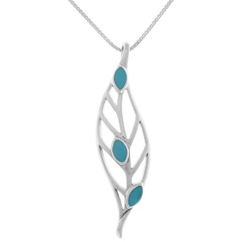 Sterling Silver Large Falling Leaf Pendant Created Turquoise Necklace