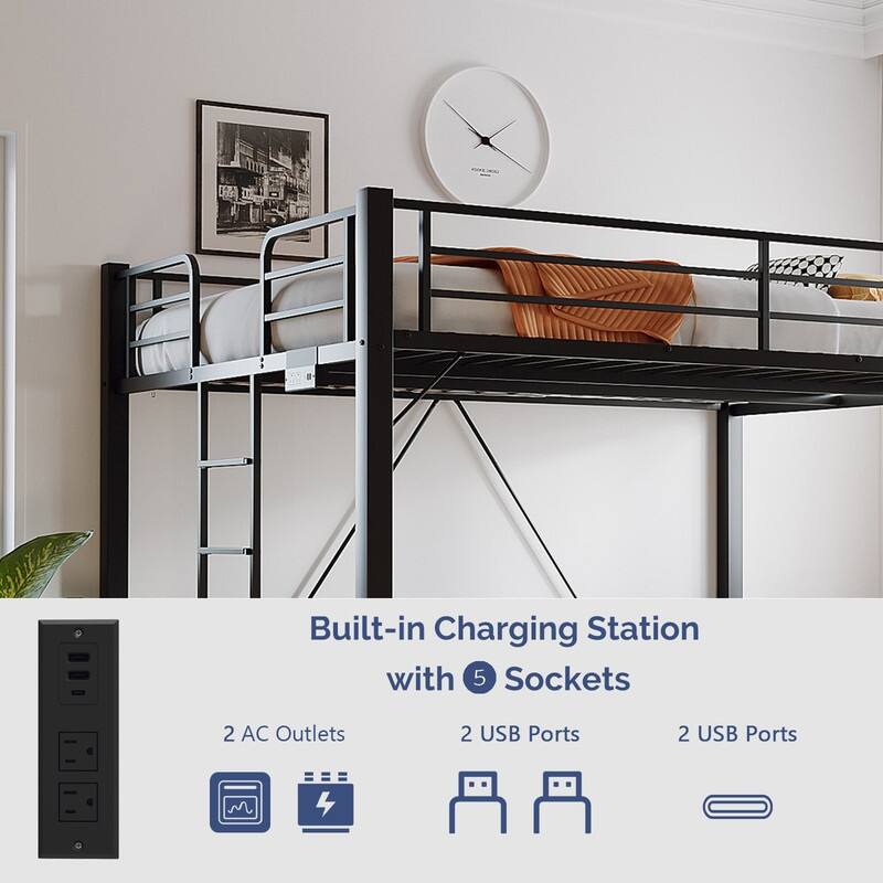 Black Queen Metal Loft Bed with LED Lights,Charging Station,Safety Guardrail and Ladder