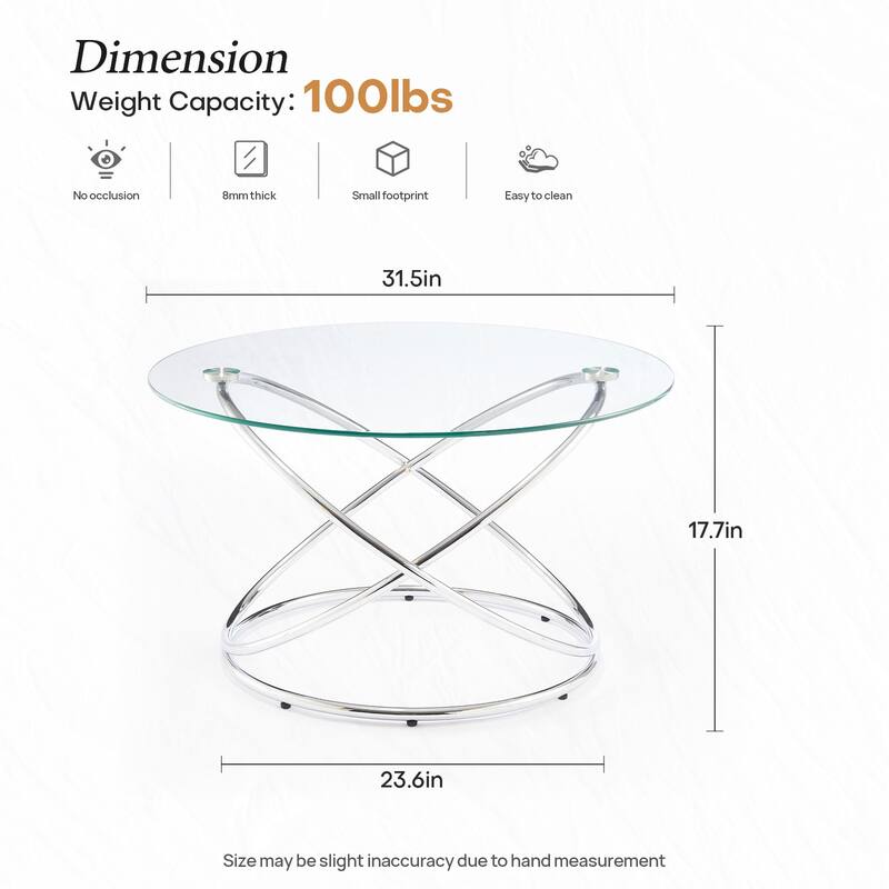 Tempered Glass Top Round Coffee Table with Metal Base - 31.5"Dia Top x 17.7"H x 23.6"Dia Base