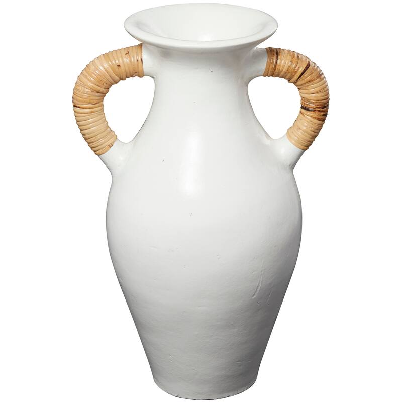 White Ceramic Jug Inspired Decorative Vase with Rattan Wrapped Handles - 14"W, 21"H
