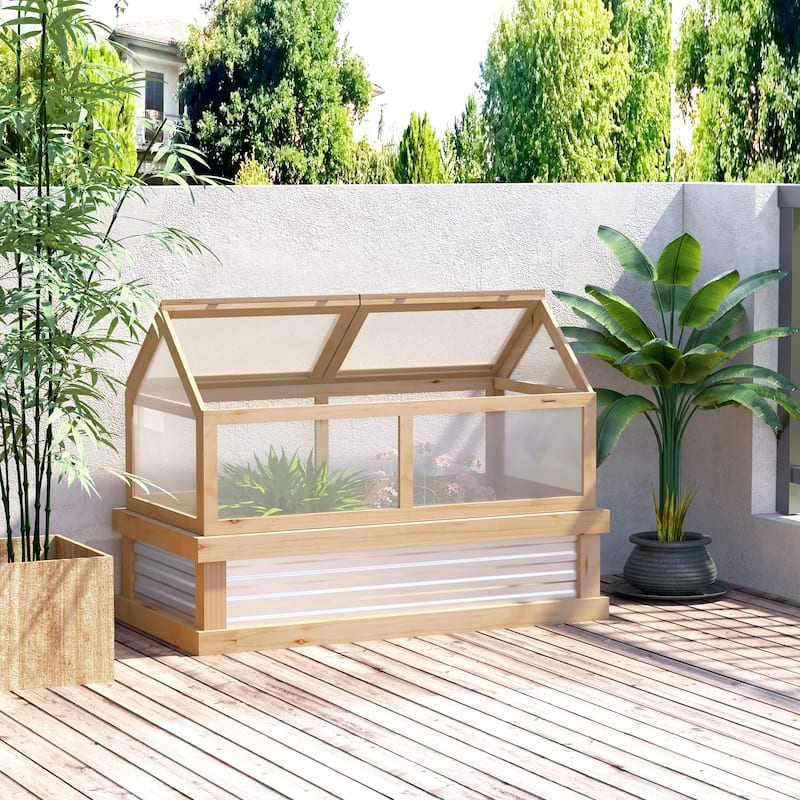 Raised Garden Bed with Polycarbonate Greenhouse, Wooden Garden Cold Frame Greenhouse, Flower Planter Protection, Natural