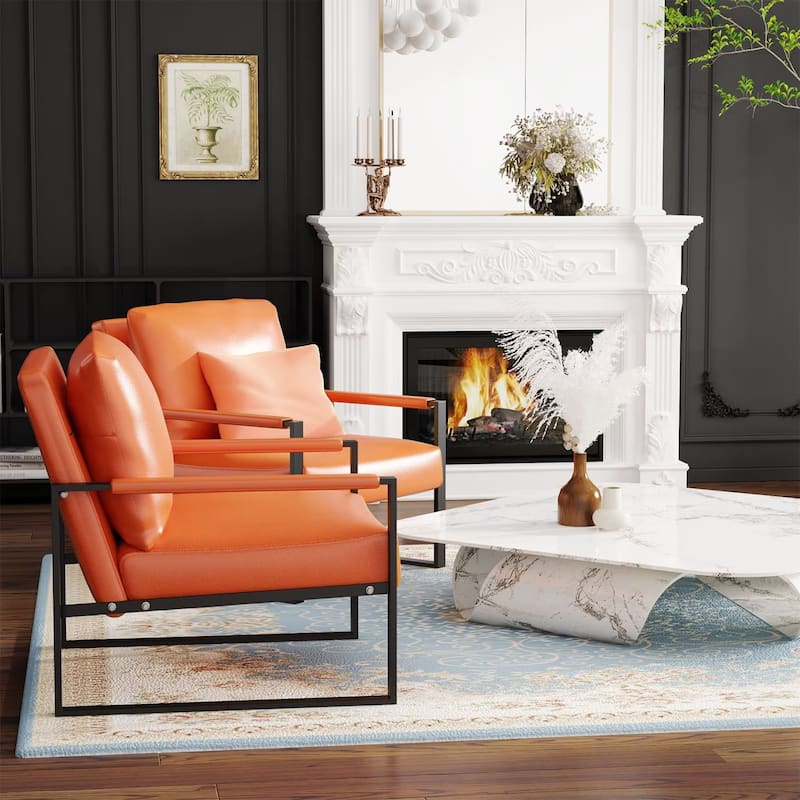 Eureka Modern Vintage Upholstered PU Leather Armchairs, Mid Century Accent Chairs with Steel Frame, Leisure Chairs (Set of 2)