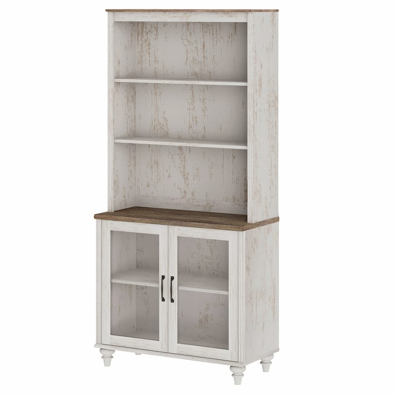 Rustic White Bookcase with Doors, Large Wood Farmhouse Book Case Shelf