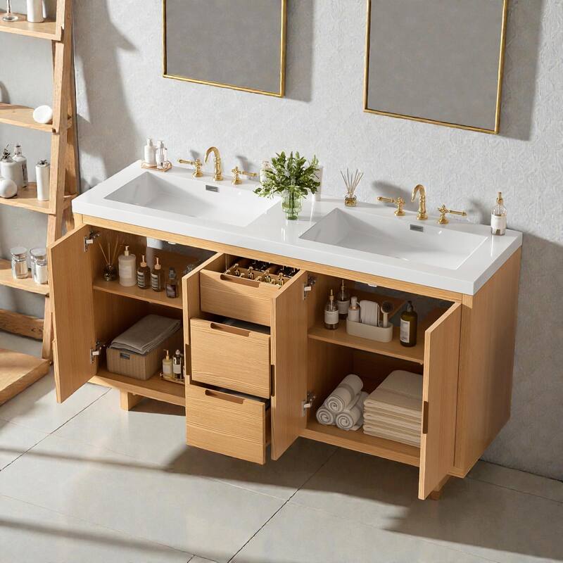 59.3" Modern Bathroom Vanity with Resin Sink, 4 Doors & 3 Drawers, Handle-Free Design, Soft-Close Hinges & Hidden Slides