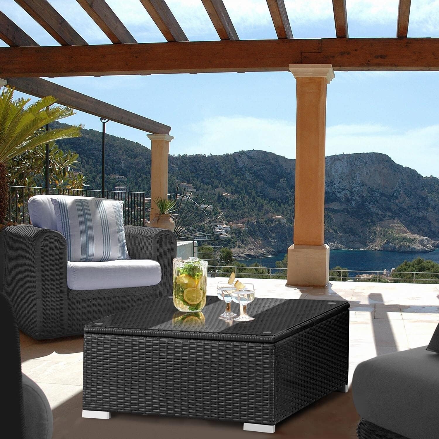 Suncrown outdoor patio furniture wicker hotsell sofa seat and glass coffee table