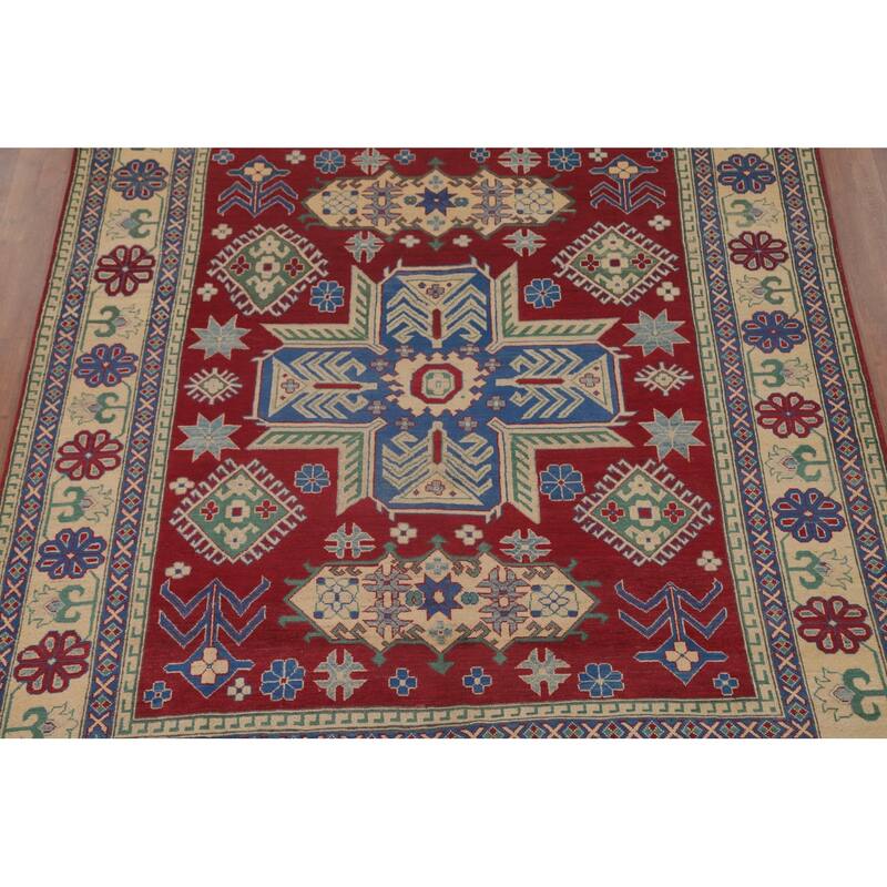 Red Geometric Kazak Area Rug Hand-Knotted Wool Carpet - 8'1" x 9'7"