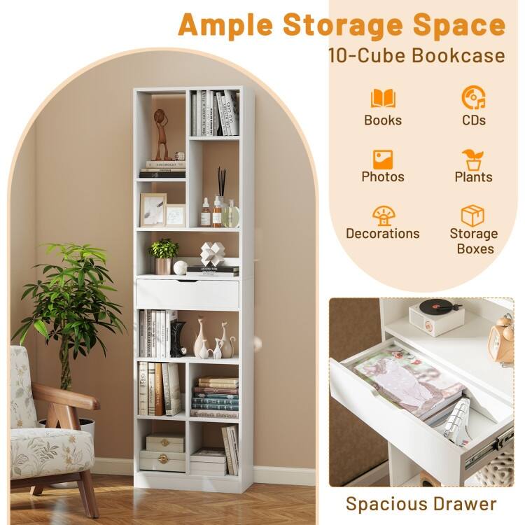 7 Tier White Engineered Wood 10-Cube Bookcase with Drawer and Anti-Tip Safety - 19.5" x 9.5" x 71"