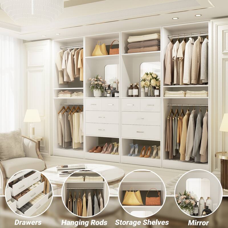 Set of 4 Closet System with 4 Drawer and Hanging Rods, Freestanding Closet Organizer with Storage Shelves