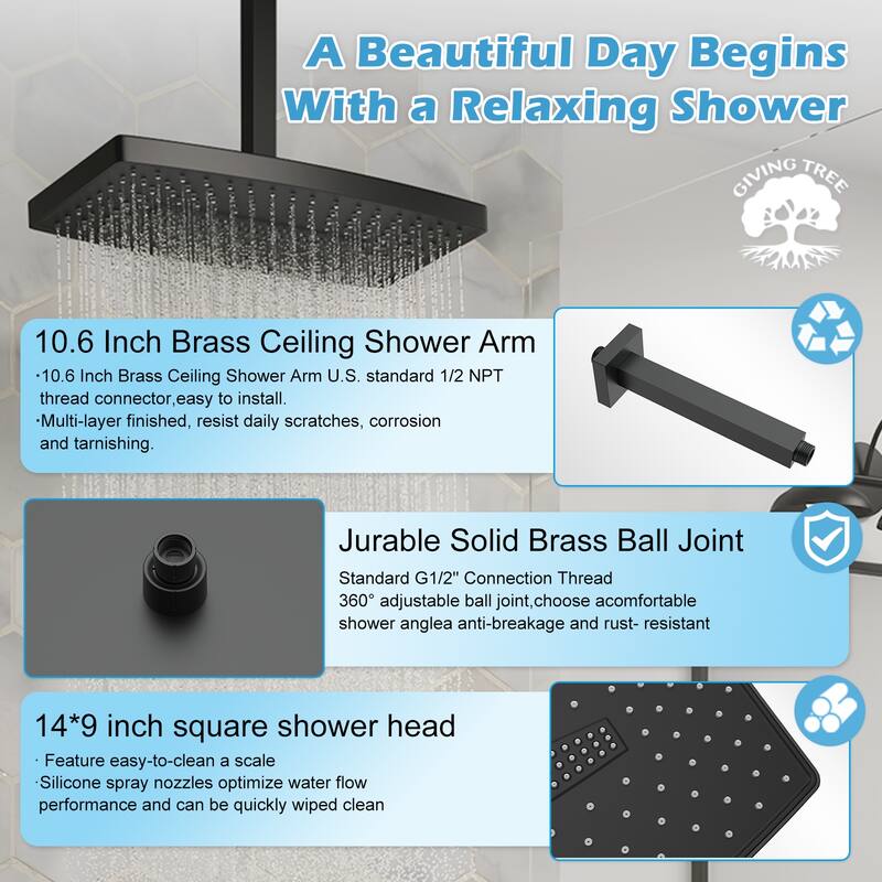 GIVINGTREE Single Handle 3 Spray 14 In.rectangular Ceiling Mounted Shower Faucet With Valve