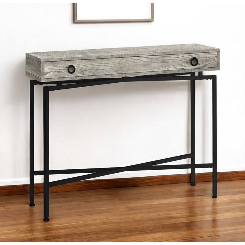 43 Inch Modern Console Table Wood Veneer Top with Drawer and Black Steel Base for Entry Hall - 42.5”L x 12”W x 32.5”H