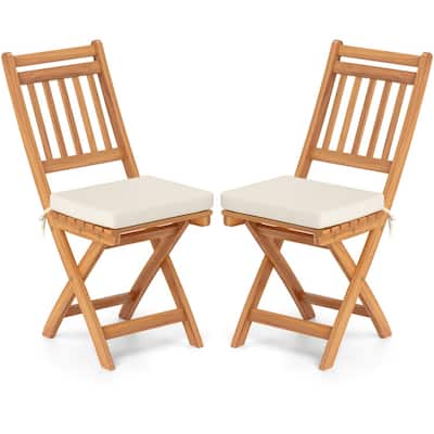 Off White Cushion Acacia Wood Folding Outdoor Chair Set of 2 with Ergonomic Backrest - 23" x 16.5" x 34"