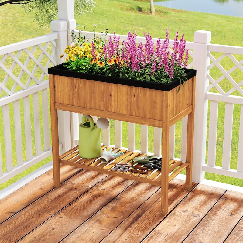 Gymax Wooden Raised Garden Bed w/ Legs Liner Storage Shelf Large
