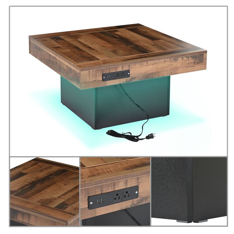 Farmhouse Rustic Coffee Table with USB Port and AC Outlet, LED Light, Non-Slip Feet for Living Room