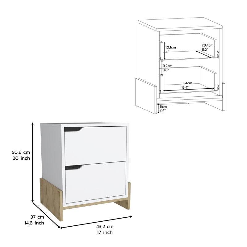 White & Macadamia Nightstand with 2 Drawers, Sturdy Base End Table