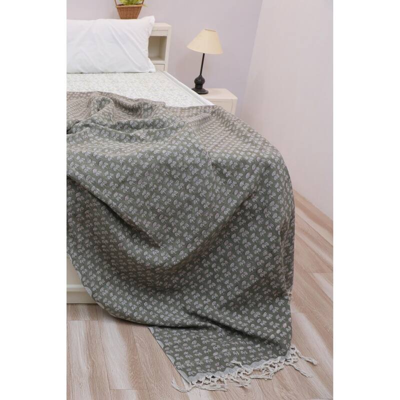 Fabdivine Damaru Handcrafted Cotton Blanket - Hand Block Printed Sofa & Bed Throw, Home Textile with Hand-Tied Tassels, 90"x54" - 90" x 54" - Grey