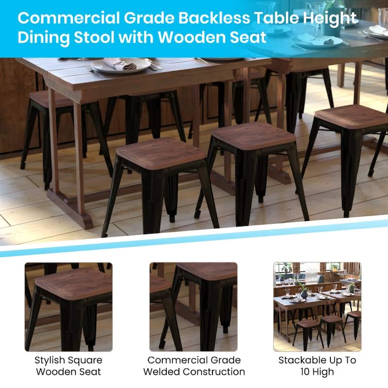 Set of 4 18" Table Height Indoor Stackable Metal Stool with Wood Seat