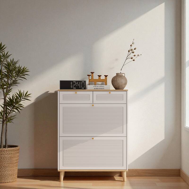 31.5" Narrow Shoe Cabinet with 2 Flip Doors and 2 Drawers, Modern Freestanding Shoe Storage Organizer with Wood Legs - White