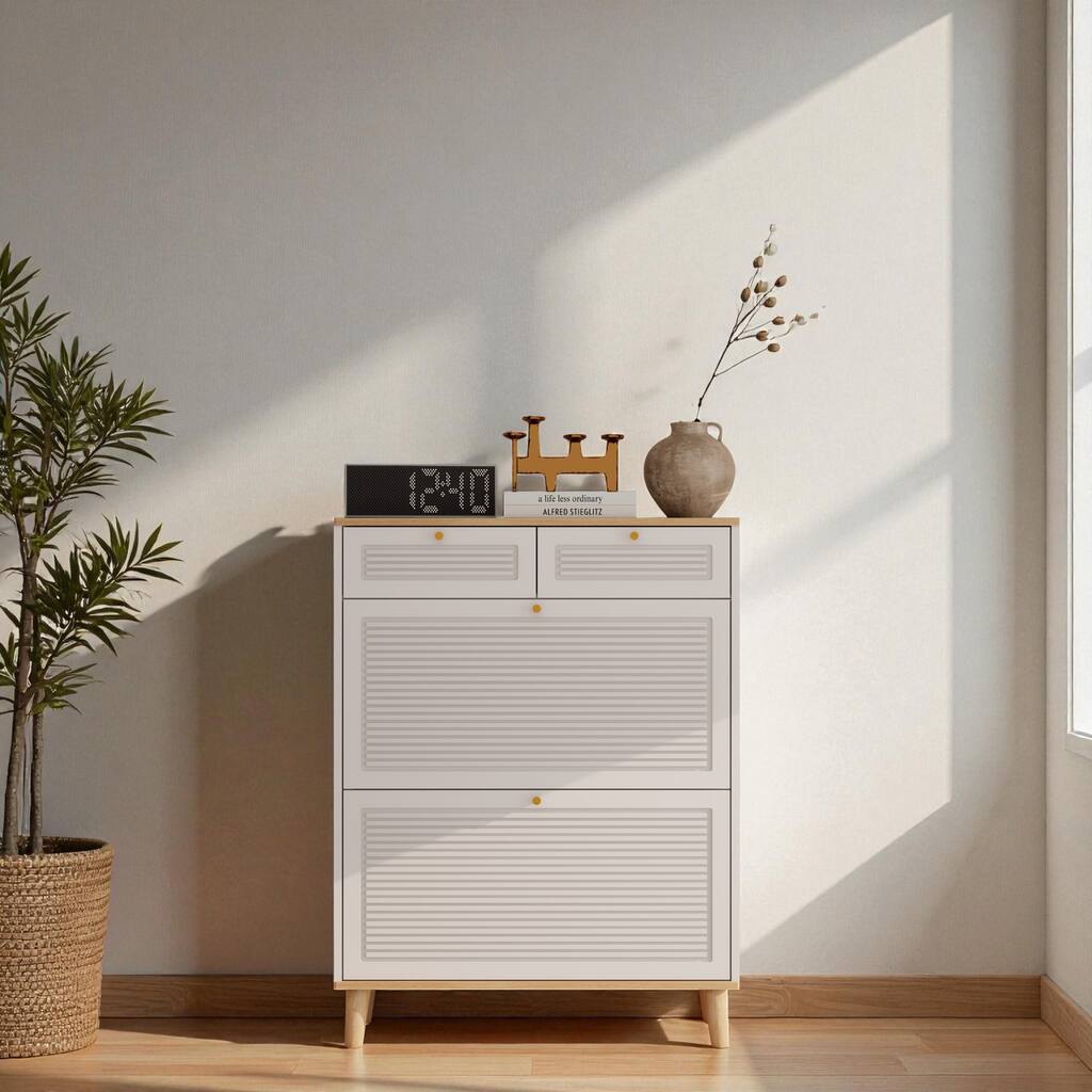 31.5" Narrow Shoe Cabinet with 2 Flip Doors and 2 Drawers, Modern Freestanding Shoe Storage Organizer with Wood Legs