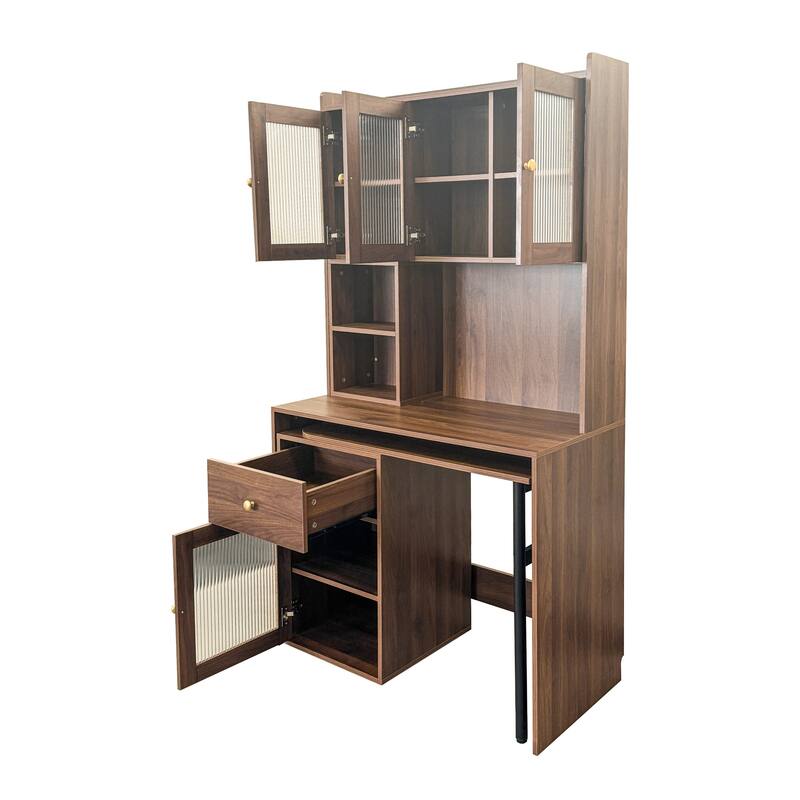 Roomfitters Computer Desk with Hutch and Rotating Table, Home Office Workstation with Glass Cabinet Doors