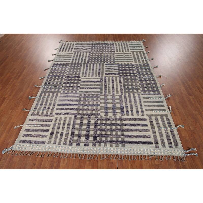 Striped Checkered Moroccan Oriental Area Rug Handmade Wool Carpet - 8'0"x 10'9"