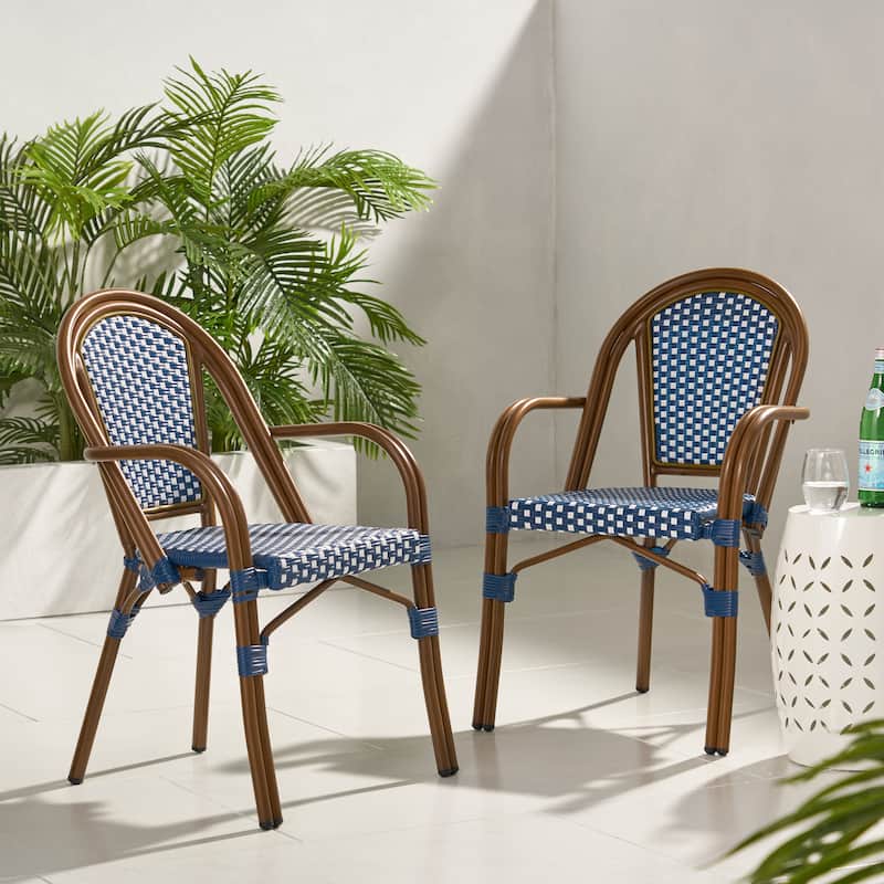 Brianna Outdoor Outdoor Bistro Chairs (Set of 2) by Christopher Knight Home - Navy Blue/ White/ Brown Wood