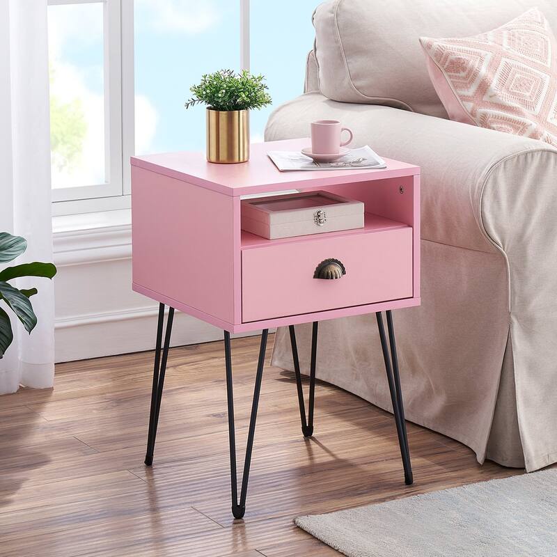 VECELO Mid Century Modern Nightstand with Drawer Open Shelf V-Shaped Metal Legs End Table for Bedroom Living Room - Pink