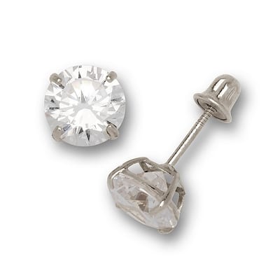 14K White Gold 6mm Round Cubic Zircornia Birthstone Basket-Set Solitaire Screw-back Stud Earrings (12 colors)