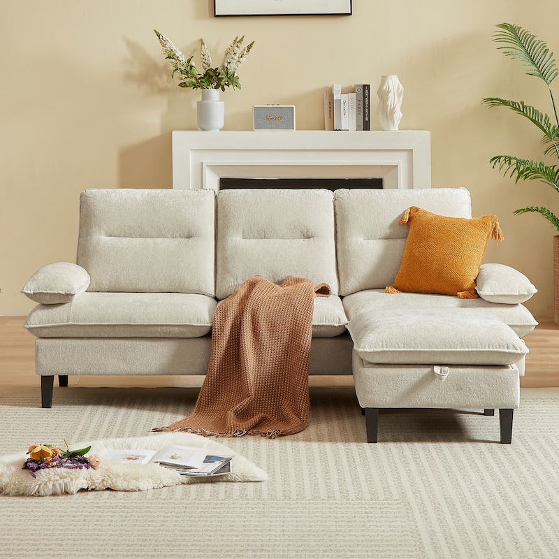 86.22" Chenille L Shaped Sofa With Ottoman - Beige