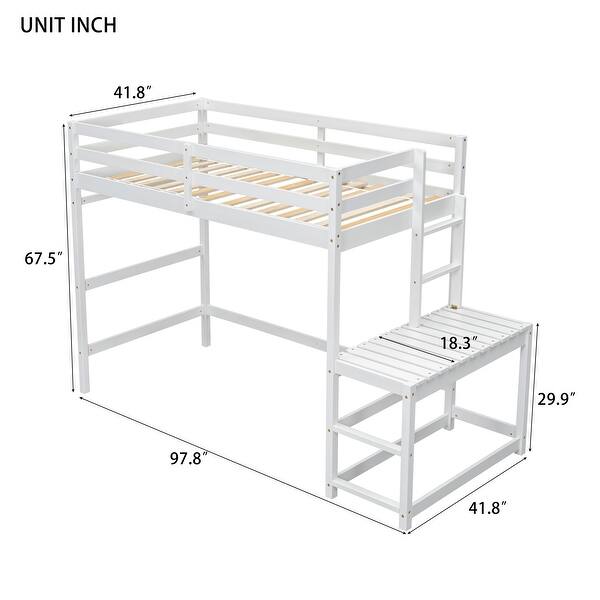 dimension image slide 1 of 2, Twin High Loft Bed with Ladder landing Platform and Guardrails, White