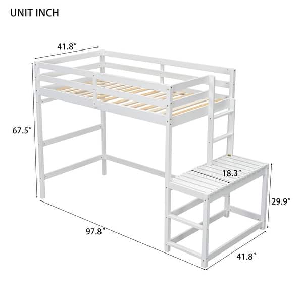 dimension image slide 1 of 2, Twin Size Pine Wood High Loft Bed with Ladder and Guardrails