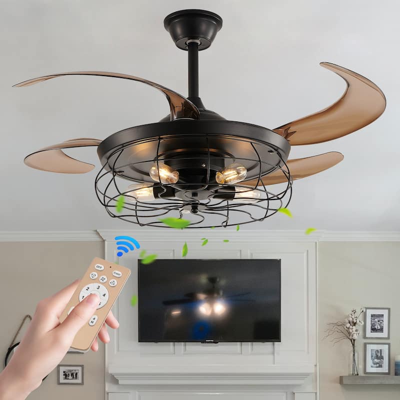 48 Inch Retractable Caged Ceiling Fan with Remote, Industrial 6-Speed/Reversible/DC Motor Ceiling Fan (Bulb Not Included)