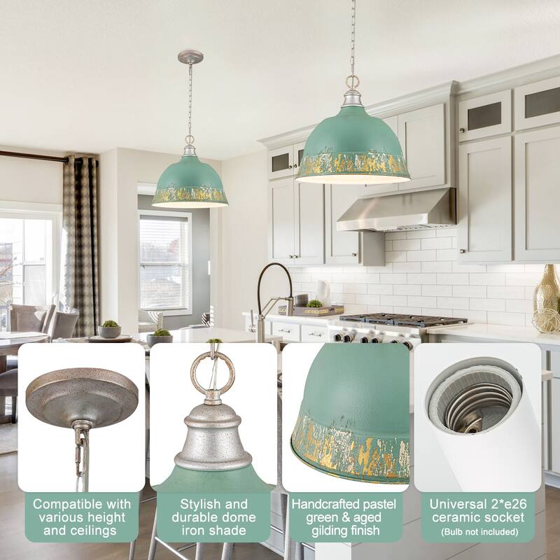 2-Light Farmhouse Pendant Light with Distressed Gold Dome Shade - 2-Lights