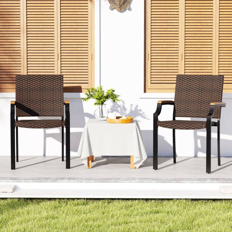 Set of 2 Mix Brown PE Rattan Metal Patio Dining Chairs with Ergonomic Back and Stackable Design - 23" x 22" x 34.5"