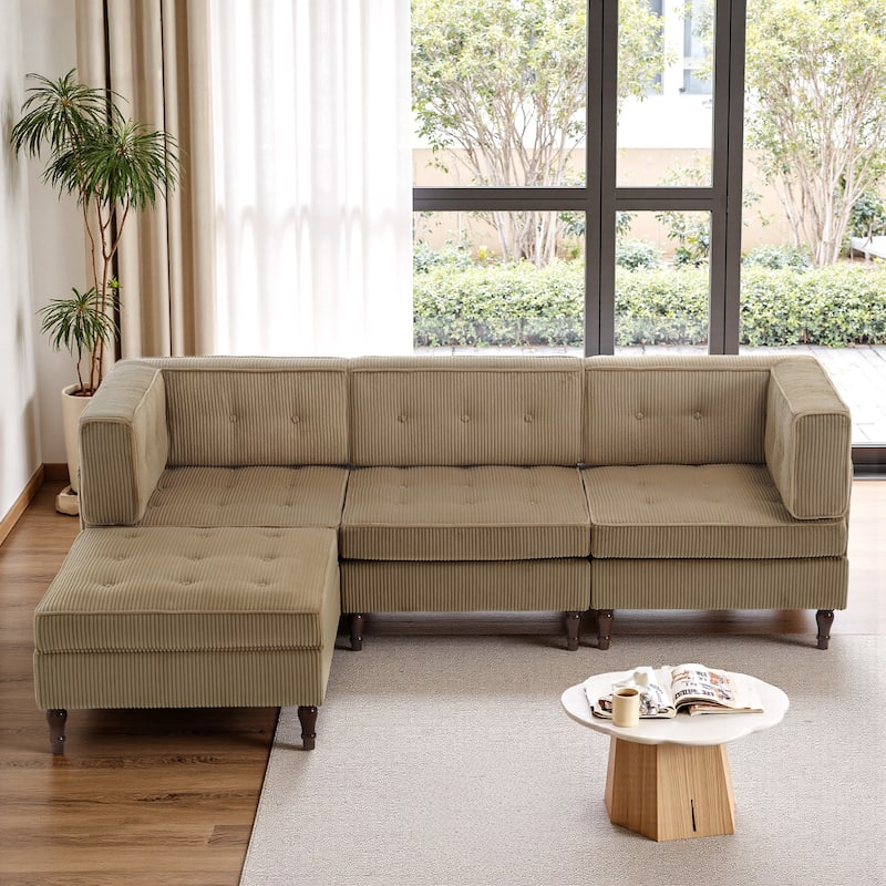 UIXE 4 - Piece Corduroy Sectional Sofa with Flip-Top Storage Ottoman Coffee Table